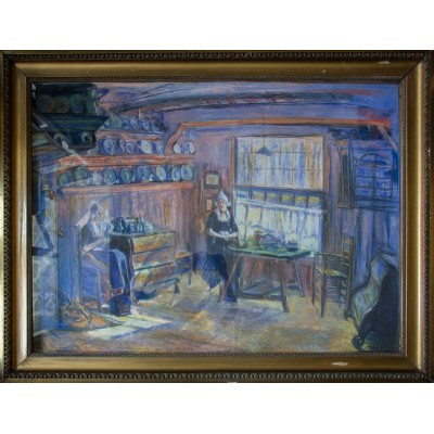 Wnętrze chaty holenderskiej. ARTUR MARKOWICZ 1925. Pastel na kartonie. Sygn